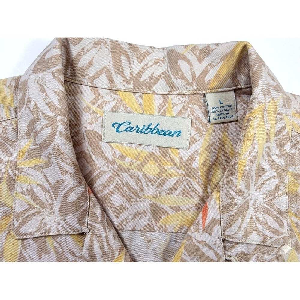 Caribbean Biege Tropical Print Button Up Short Sleeve Shirt Men's Size Large - Picture 4 of 5